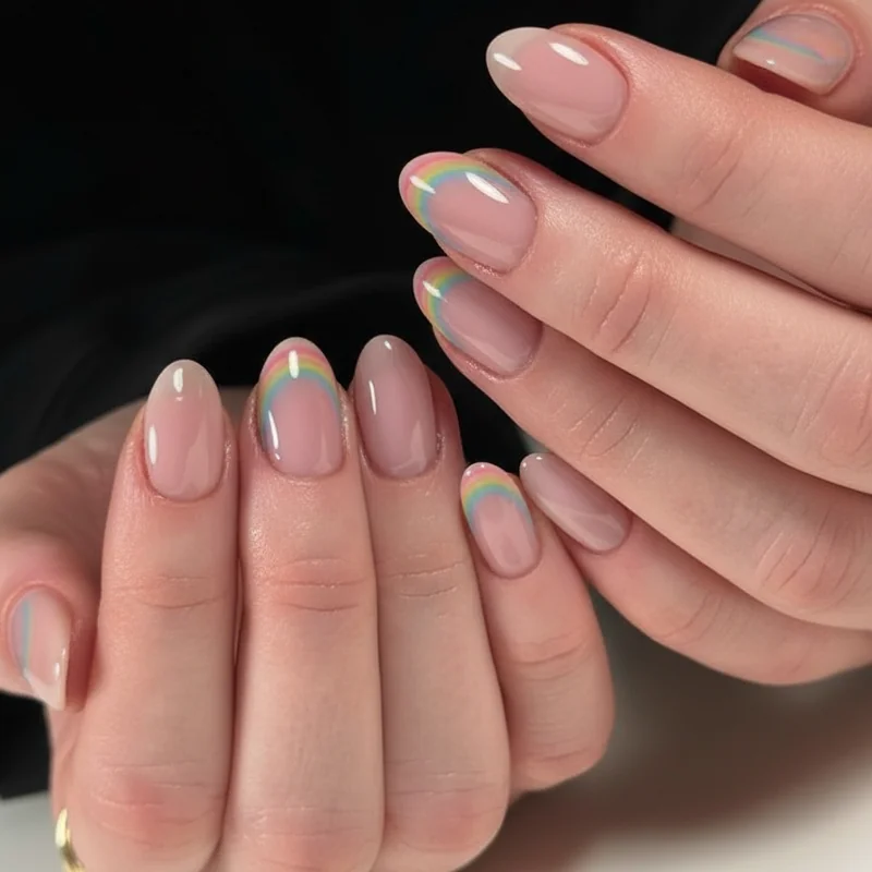 Subtle pride nail design on nude base showing quiet pride concept with barely-there rainbow arc at cuticle edge on short nails