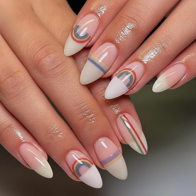 Subtle pride nails on short nail length showing micro cuticle arc and negative space stripe techniques in muted rainbow palette close-up