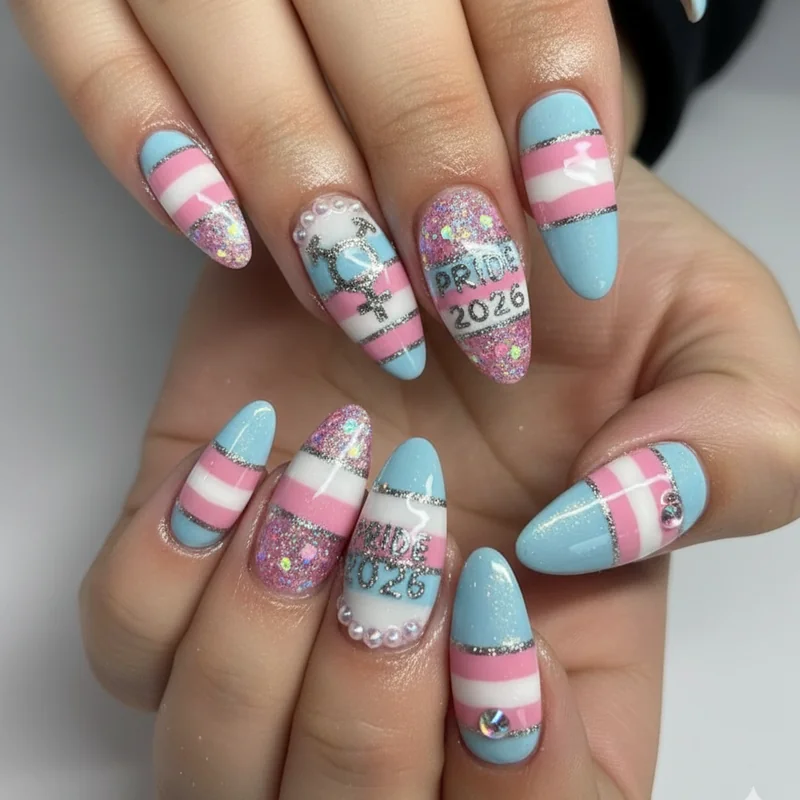 Bold trans pride acrylic nail designs showing coffin ombre chrome stiletto and encapsulated glitter options in blue pink white palette