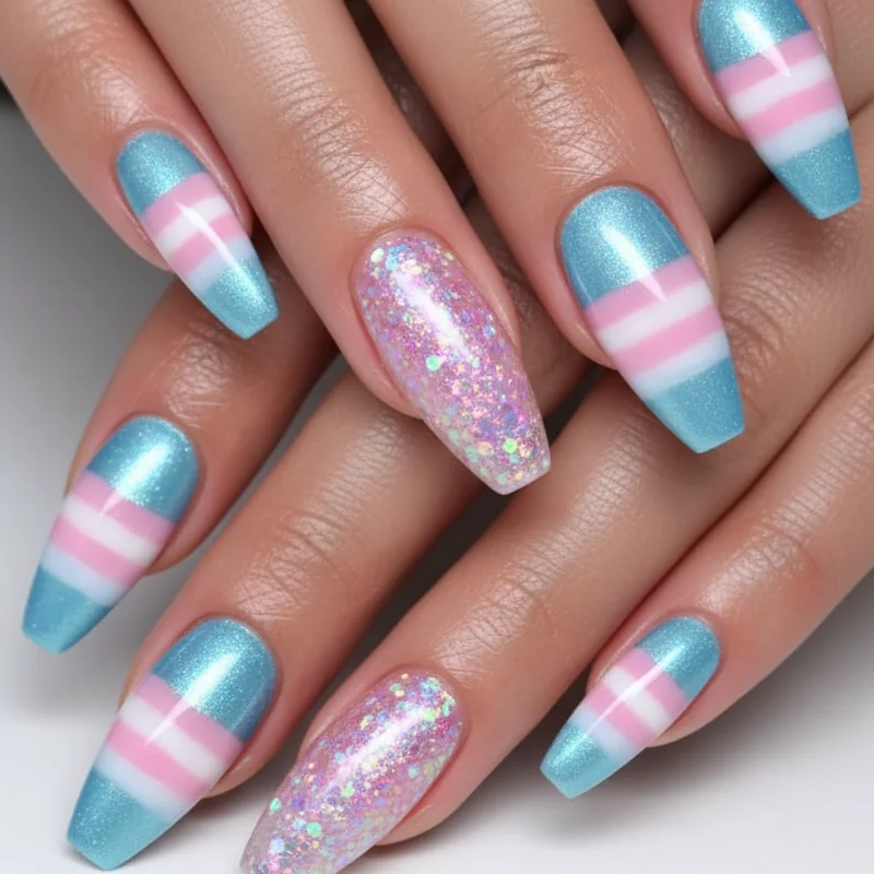 Chrome encapsulated glitter and ombre finish comparison on trans flag acrylic nails showing blue pink white palette in three techniques