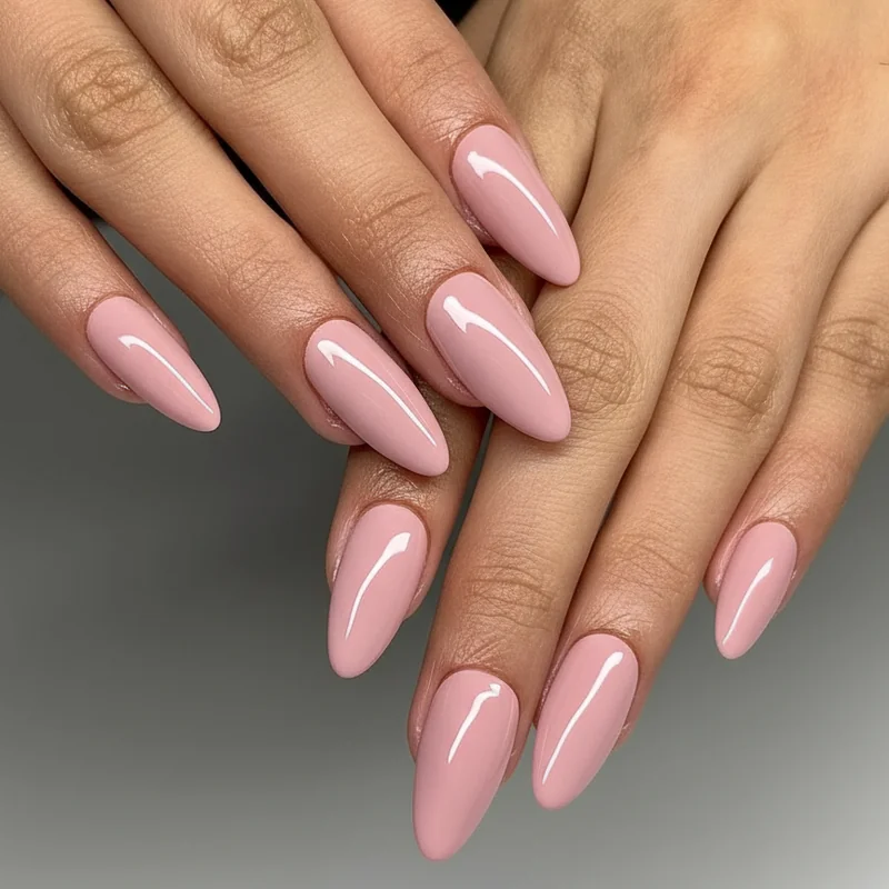 Gender euphoria acrylic nails showing first almond set in soft pink finish on transfeminine hands with glossy topcoat