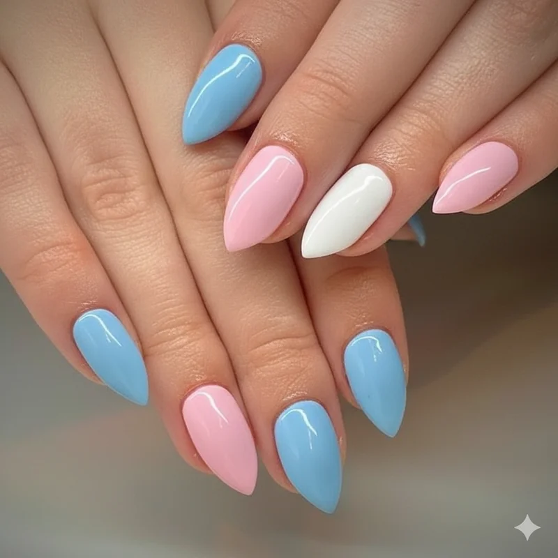 Trans acrylic nail longevity showing rubber base application cuticle oil maintenance and fill gap at three weeks on blue pink set