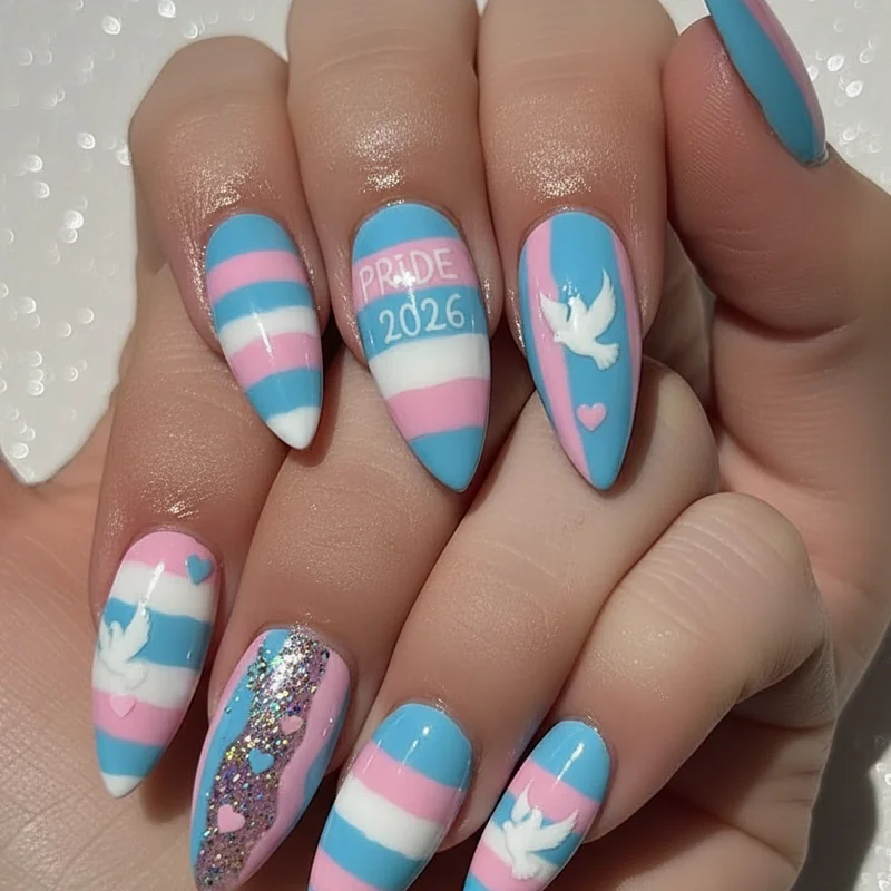 Trans pride acrylic nails for Pride Month June 2026 showing full blue pink white set with ombre finish on coffin shaped extensions