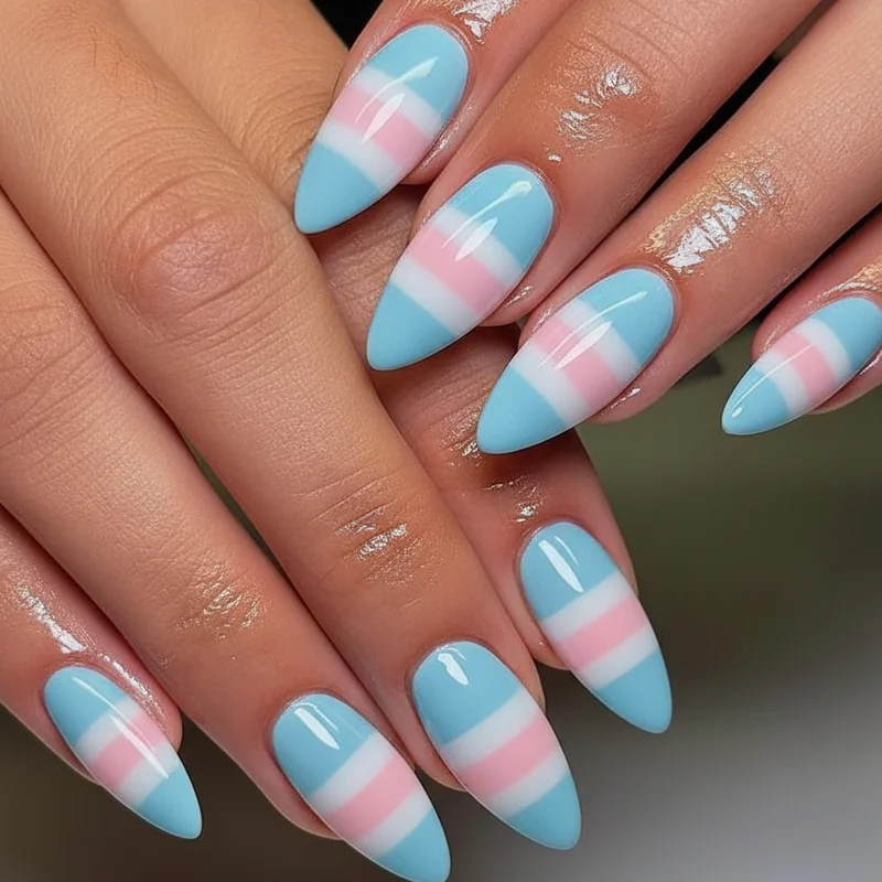 Wider nail bed acrylic trans nails showing correct tip sizing on almond shape with pink base and proper sidewall fit application