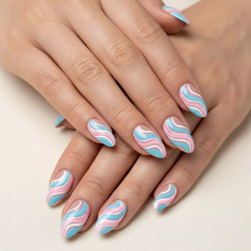 Trans flag accent nail on ring finger showing five stripe blue pink white design against neutral sheer base on remaining nails squoval shape