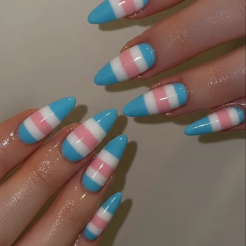 Classic trans flag five stripe nail set with light blue pink white pink blue nails in glossy gel finish on medium length square nails