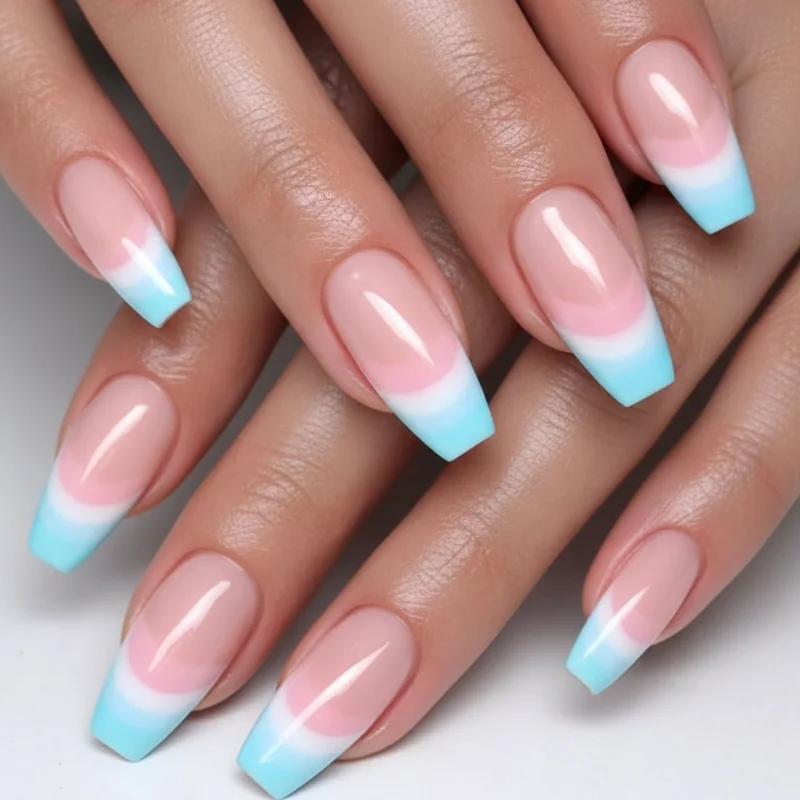 Trans flag French tip nails showing blue pink white gradient across free edge on coffin shape over sheer nude base in gel finish