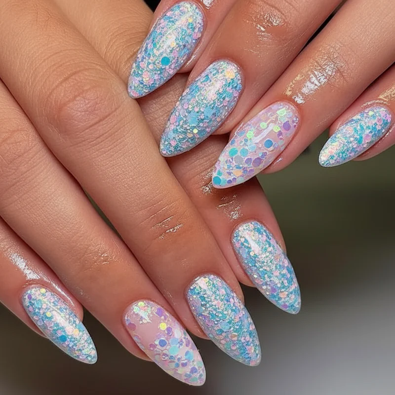 Trans flag glitter nails with iridescent chunky glitter top coat over blue pink and white stripe base catching light for pride season full glam