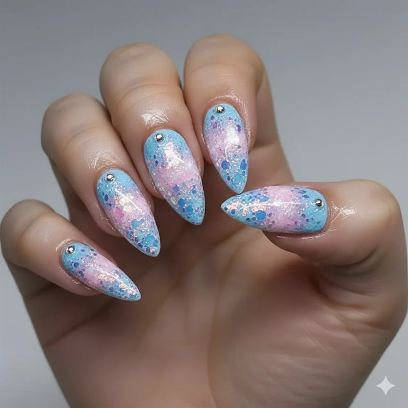 Trans flag nails compared across almond coffin and squoval nail shapes showing how blue pink white designs look on different lengths and silhouettes