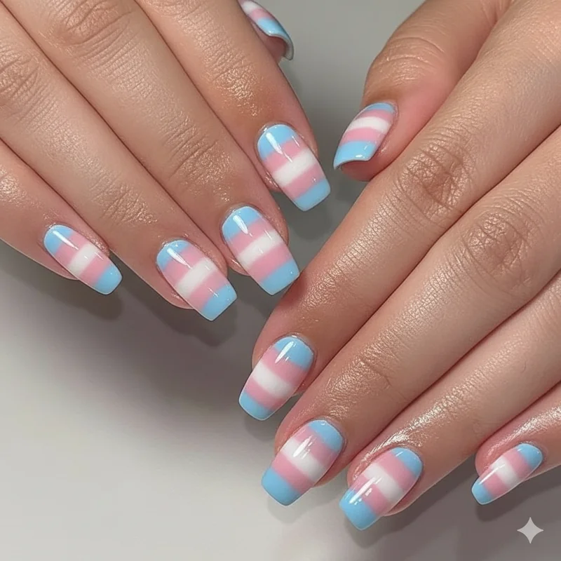 Trans flag nails on short square nails showing both stripe and ombre versions in light blue pink and white on natural nail length