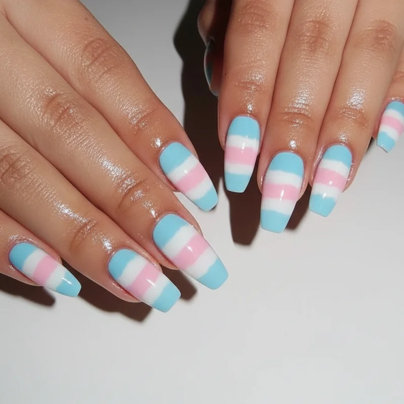 Trans flag white stripe nail showing three coat opacity layering technique for clean opaque finish without grey tint on gel base coat