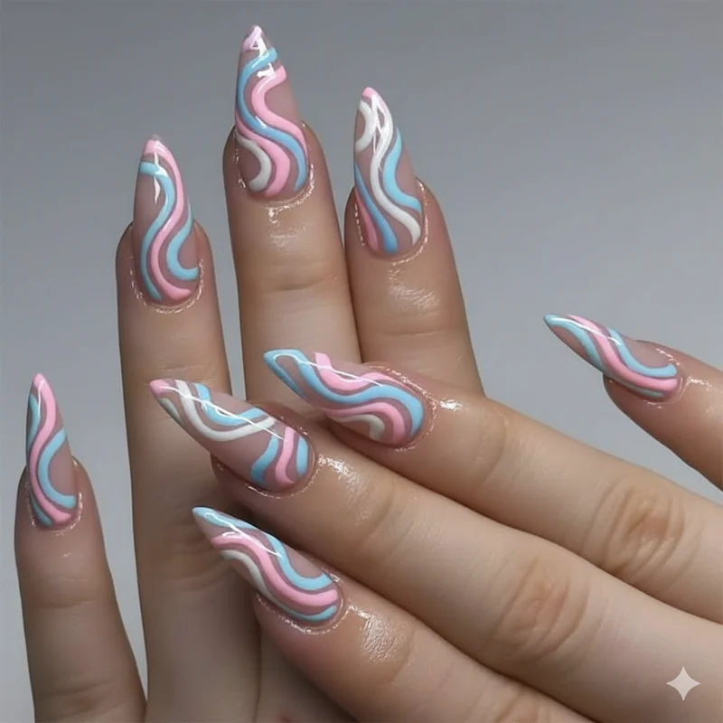 Abstract swirl trans nail art showing freeform blue and pink gel liner swirls on white base with negative space geometric design for transgender pride