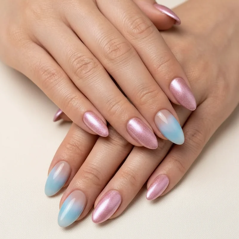 Chrome and aura trans nails showing baby pink chrome powder mirror finish and soft ice blue aura diffusion on milky base for elevated 2026 transgender pride