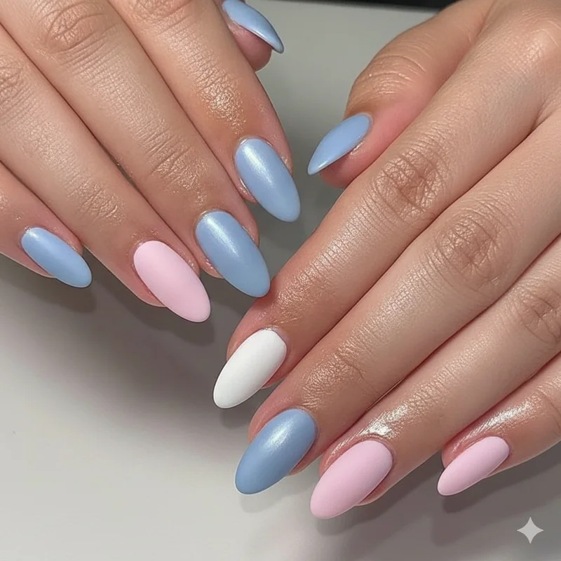 Trans flag nail designs showing skittles manicure with alternating light blue baby pink and white nails in mixed satin and matte finish on almond shape