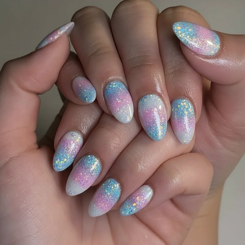 Trans glitter nails showing holographic iridescent shimmer over light blue baby pink and white bases with duochrome shift effect on almond nails
