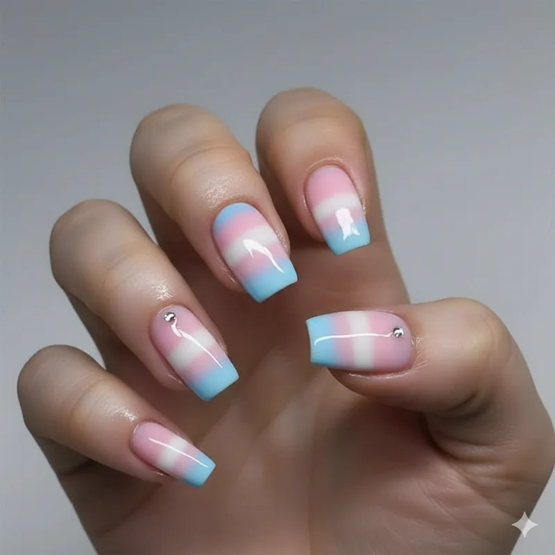 Trans nails on short squoval and oval nails showing blue pink white ombre and chrome designs proving transgender pride nail art works at every length