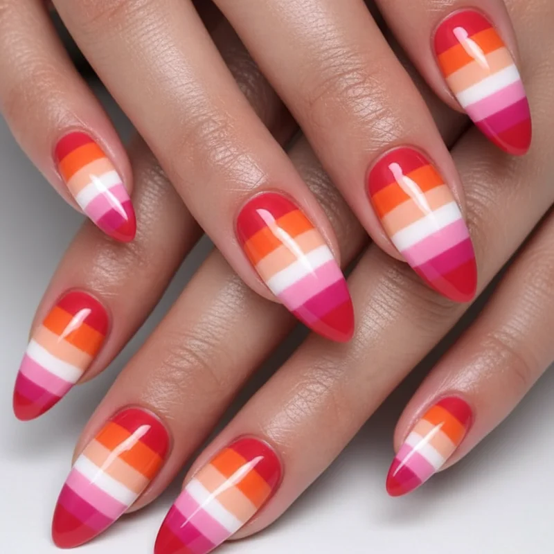 Femmicure nail art design ideas showing lesbian flag sunset colours across mixed length set with short index middle fingers and long decorated nails