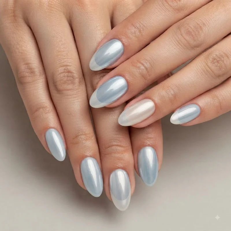 Light blue chrome nail finish combined with a glazed French tip for a metallic manicure look