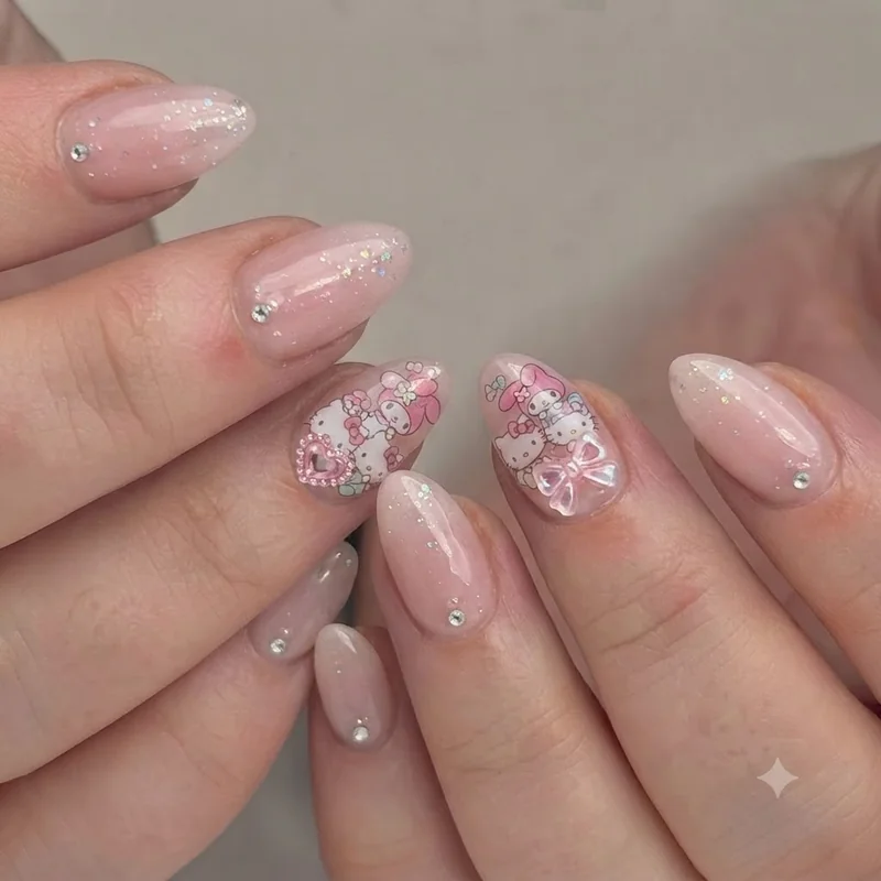 Lizzie McGuire inspired nail art featuring 3D charm and decal character detailing on accent finger