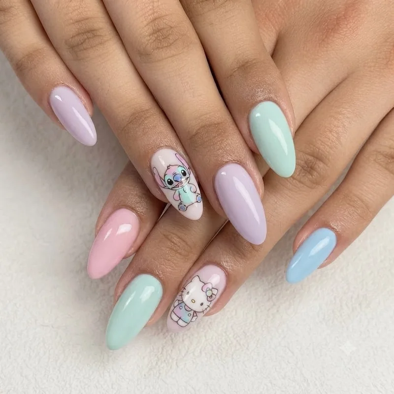 Lizzie McGuire nail art with hand-painted cartoon character accent on pastel base coat