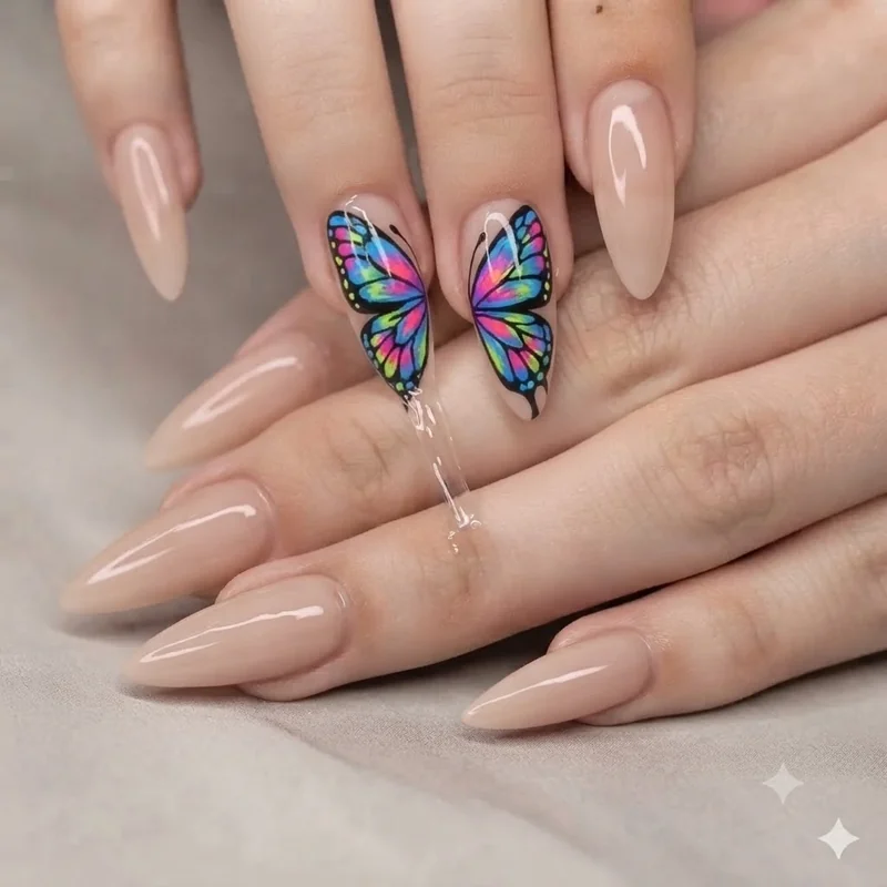 Lizzie McGuire inspired butterfly nail art with split wing design across accent nails in neon tones