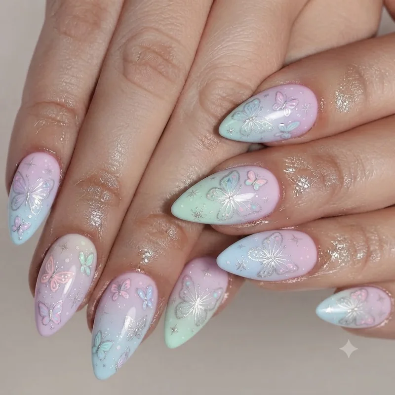 Lizzie McGuire nails aesthetic shown through pastel Y2K manicure with butterfly detailing
