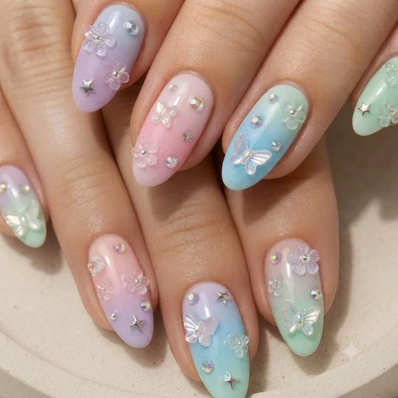 Lizzie McGuire press-on nail set flat lay showing Y2K pastel and charm detailing