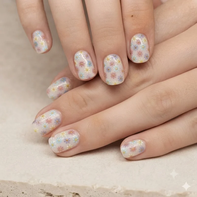 Short nail art ideas featuring a dotted floral design scaled down for a smaller nail bed proportion