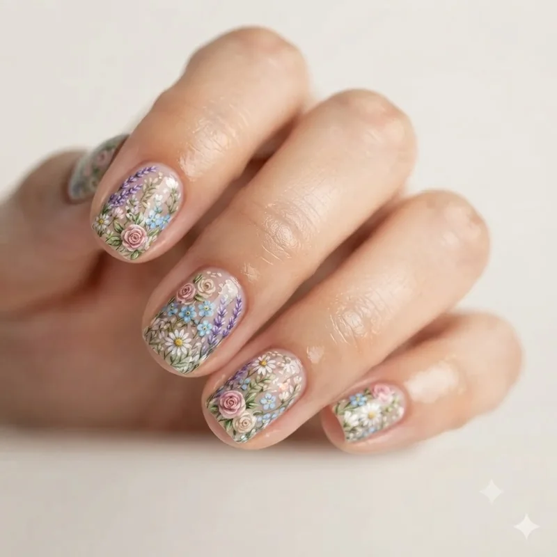 Nail art for short nails proving intricate design works with a fine floral pattern on a short natural nail