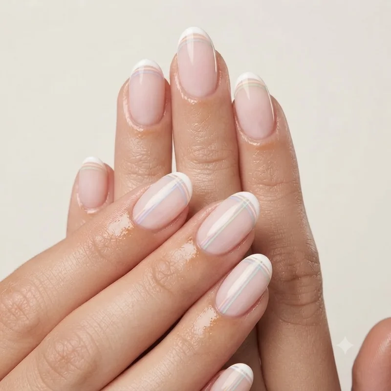 Easy nail art for short nails with a clean micro French tip and thin striped line work design