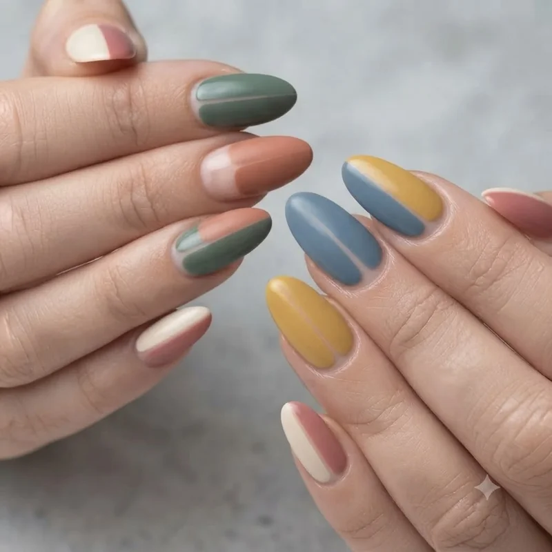 Negative space nail art design for short nails with a clean bare line dividing two blocks of colour
