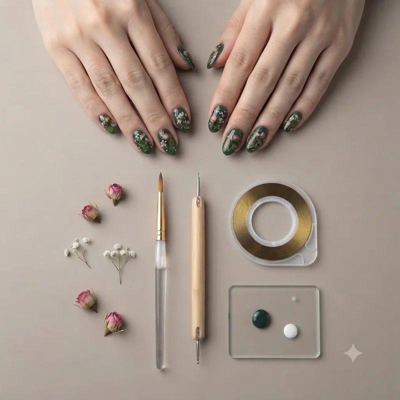 Nail art tools for short nail beginners including a fine liner brush, dotting tool, and striping tape