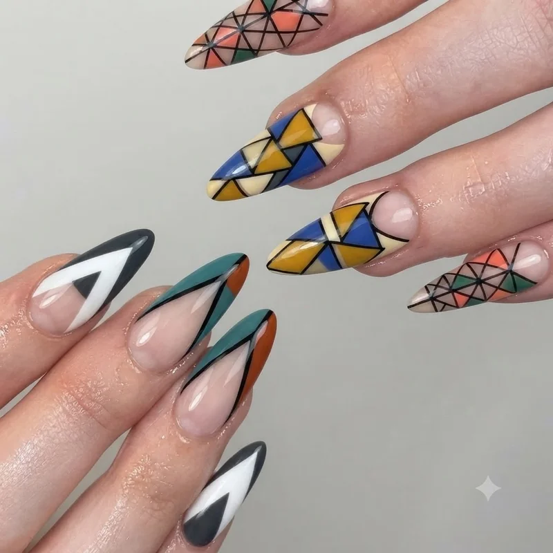Geometric negative space nail art with bold triangular lines and colour blocking
