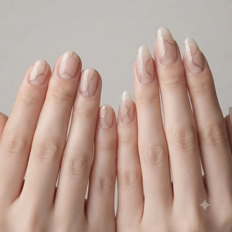 Negative space nails compared side by side on a short nail set and a long nail set