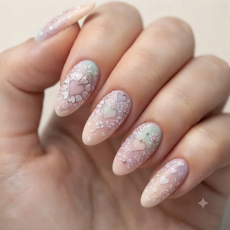 Romantic floral negative space nail design with heart motif on pastel base