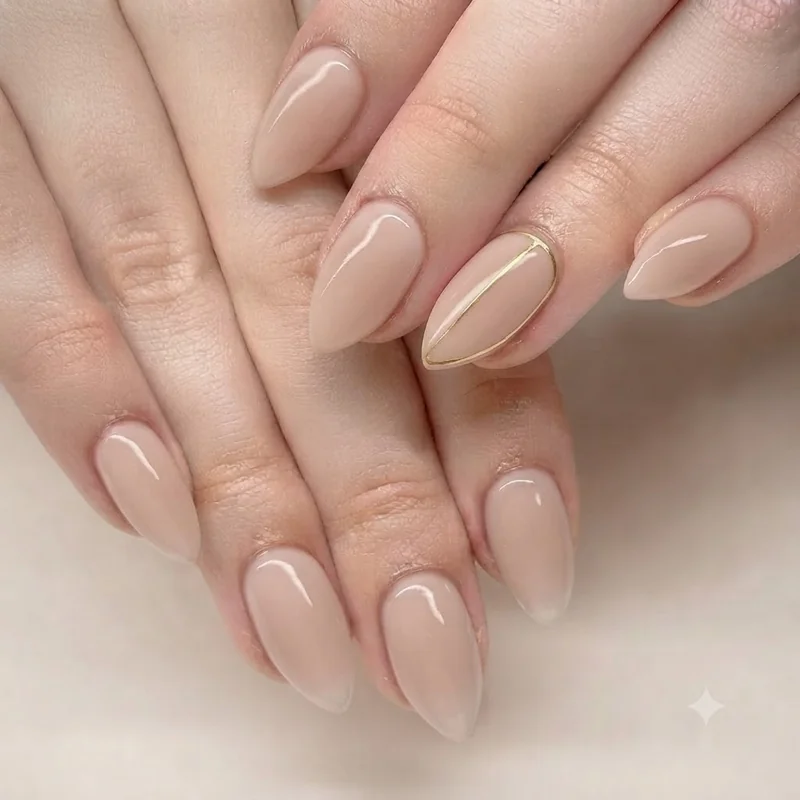 Simple nail designs for long nails featuring one thin gold accent line on a single bare nail