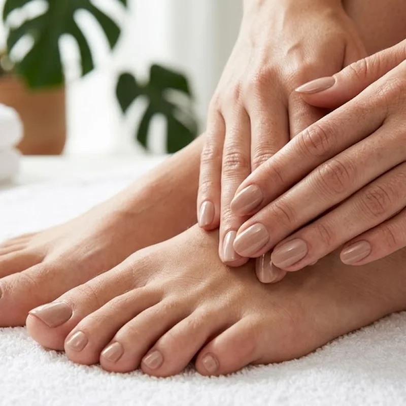 Gel mani pedi cost result shown with glossy finished hands and feet together in a styled editorial photoshoot setting