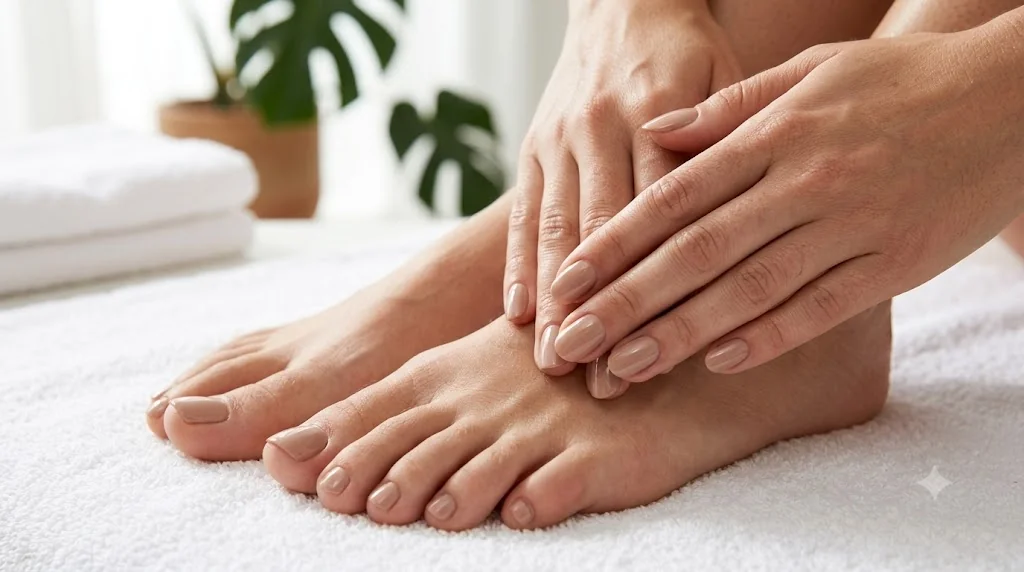 Mani pedi cost 2026 comparison shown through glossy salon-finished hands and feet in an editorial styled photograph
