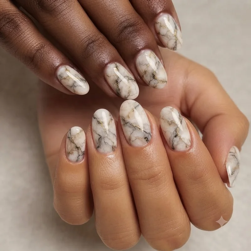 Blooming gel marble nail result with a glossy finish and veined, stone-like pattern achieved without water
