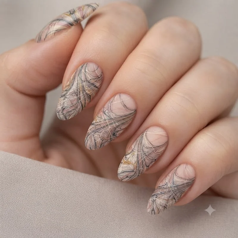 Close-up of dry, no-water marble nail art created with the toothpick-on-nail swirling technique on a bare nail
