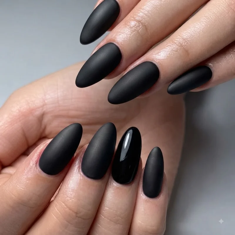 Matte and glossy combo nails with glossy ring finger accent against matte base, high contrast