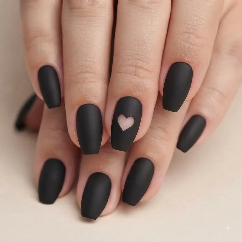 Matte black nail design with negative space cutout accent on coffin shape nails