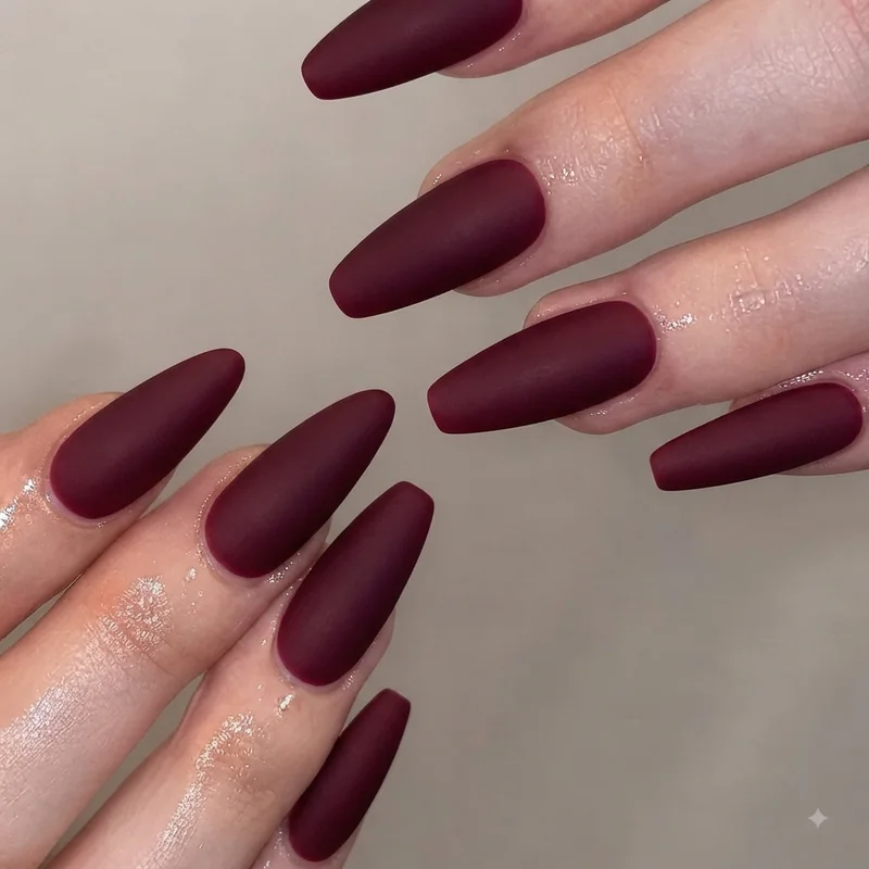 Matte finish on almond and coffin shape nails, close-up editorial nail photography