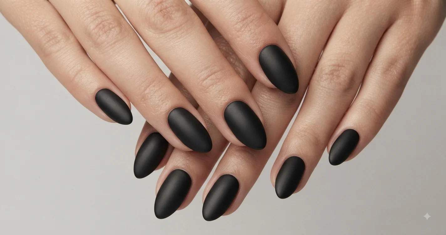 Matte nail designs in black on an almond shape, close-up editorial manicure photo