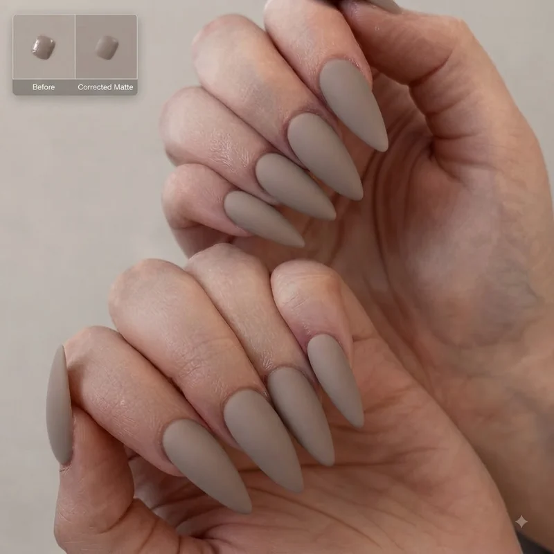Matte top coat application close-up showing the fix for matte nails going shiny