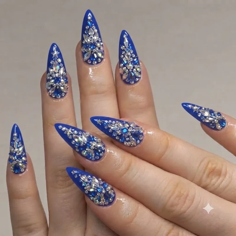 Occasion-styled maximalist nails for festival and going-out looks with bold colour and gem detail