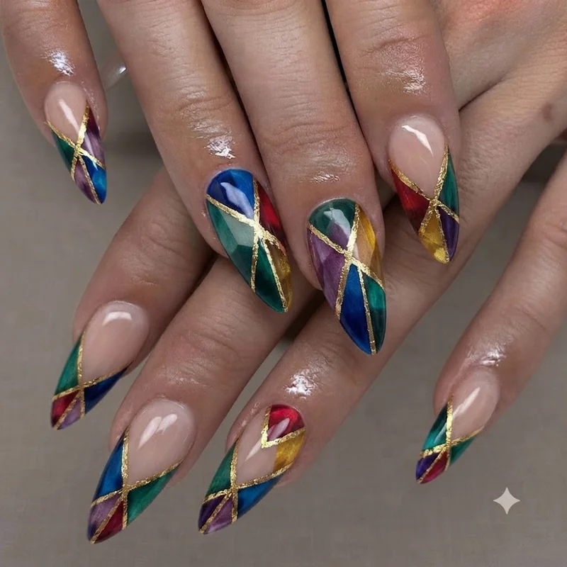 Maximalist nails palette using jewel tone colour blocking with gold metallic accent detailing