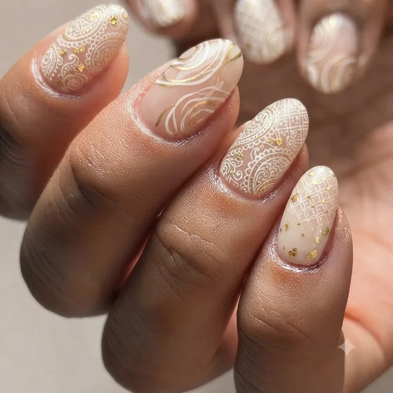 Well-executed maximalist nails mixing patterns with a shared colour thread across all ten nails