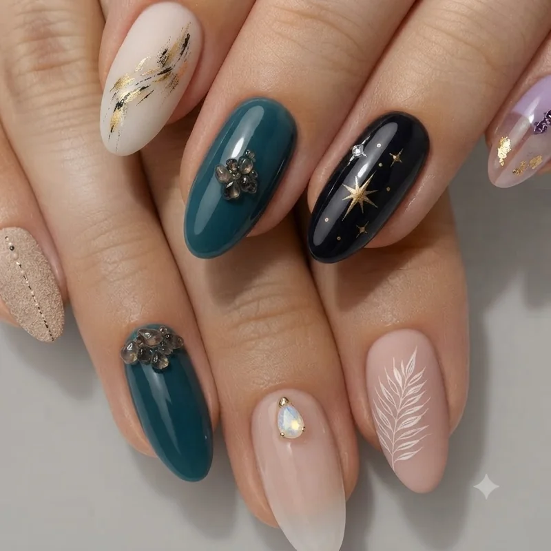 Maximalist nail art set combining hand-painted detail, gems, and mixed finishes across all ten nails