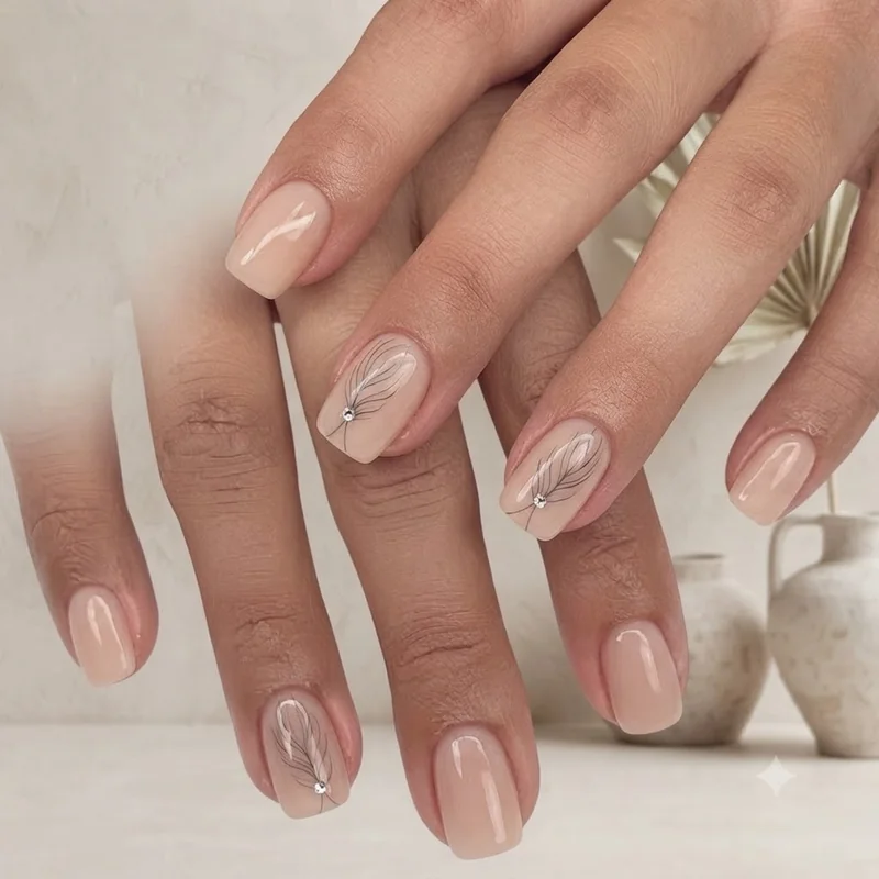 Maximalist nails on short squoval shape with precision gem accent and hand-painted detail